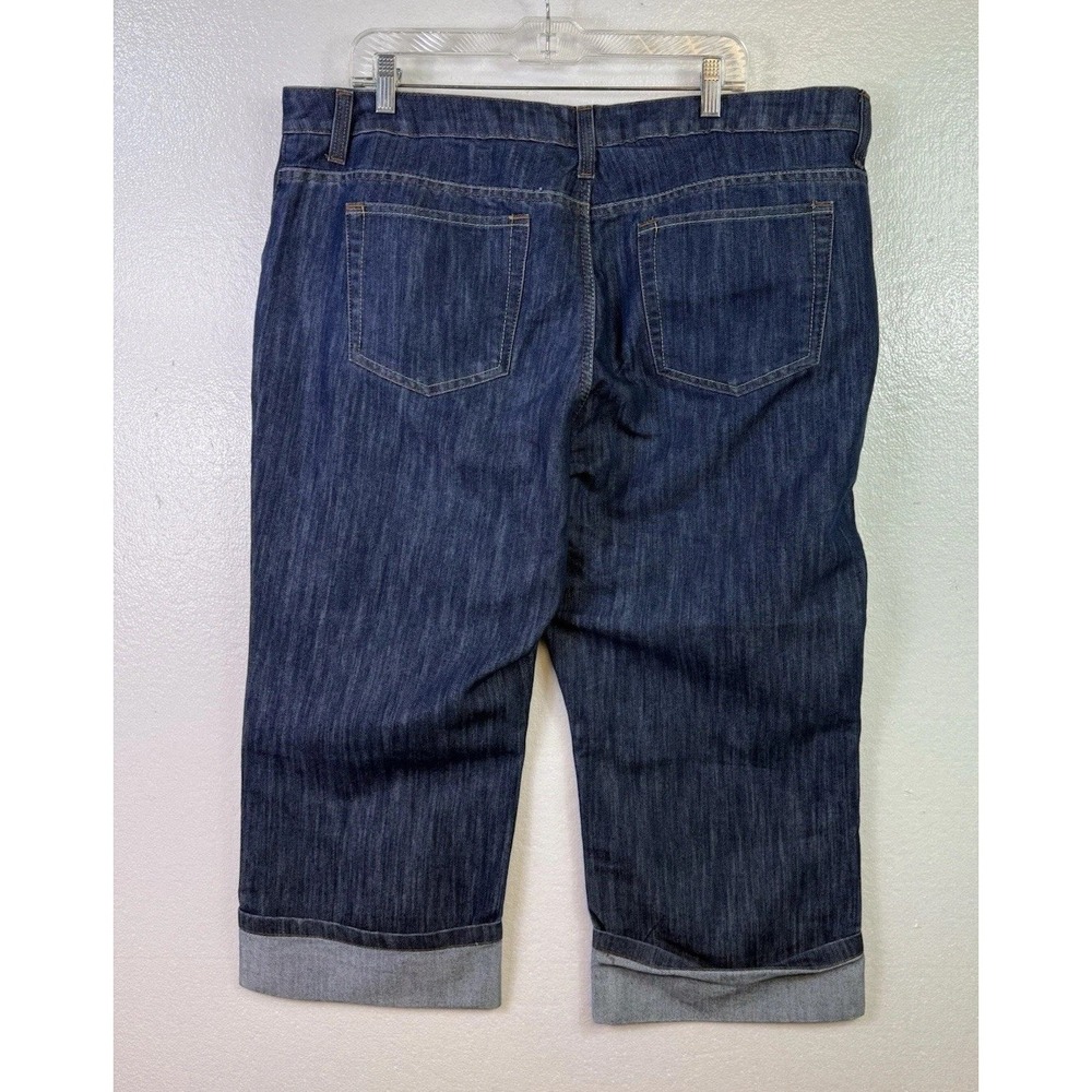 Merona Womens Crop Denim Capri Jeans 20W Blue Dark Wash Rolled Cuff Distressed - Picture 2 of 8